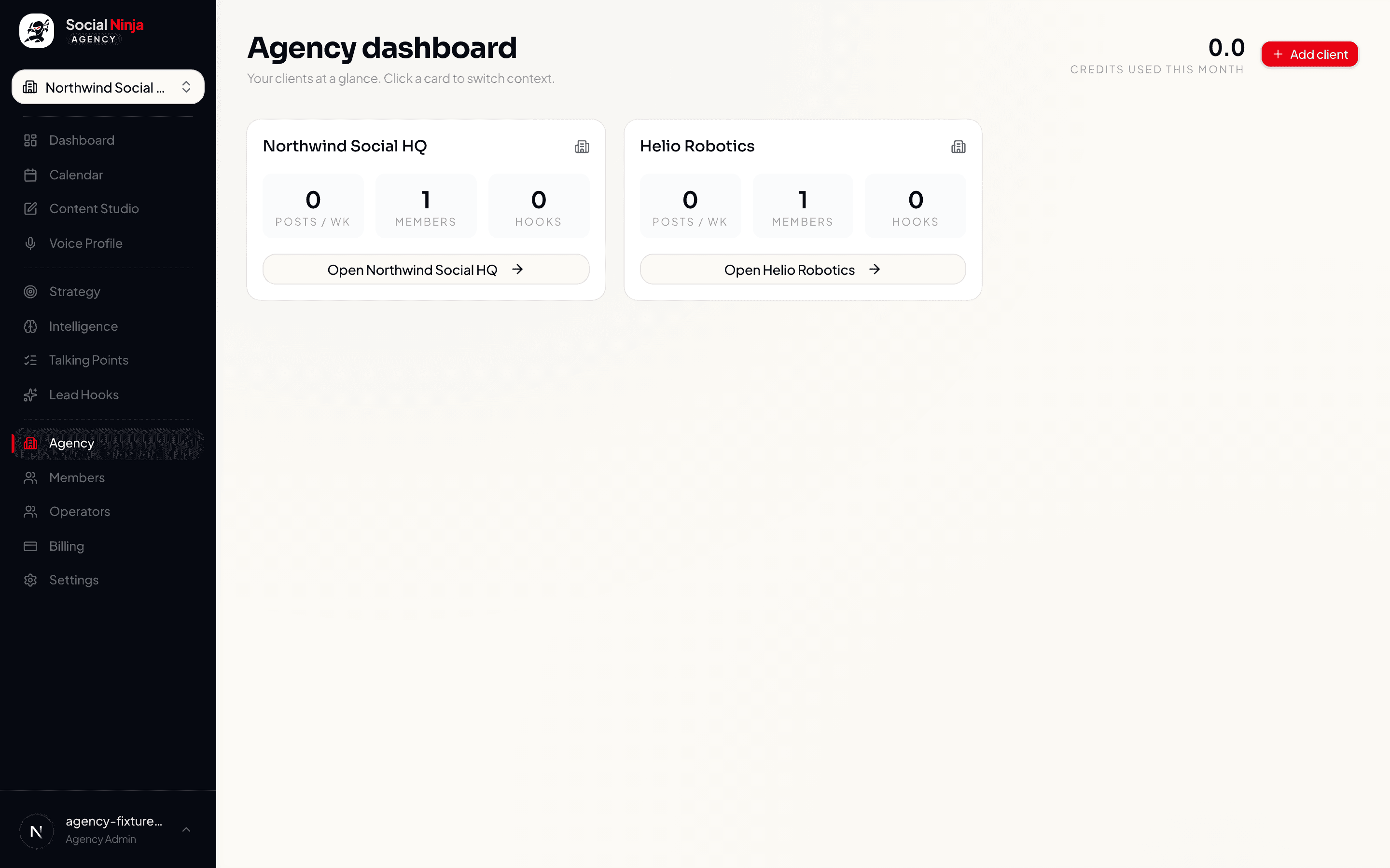 Agency dashboard with multiple client workspace cards
