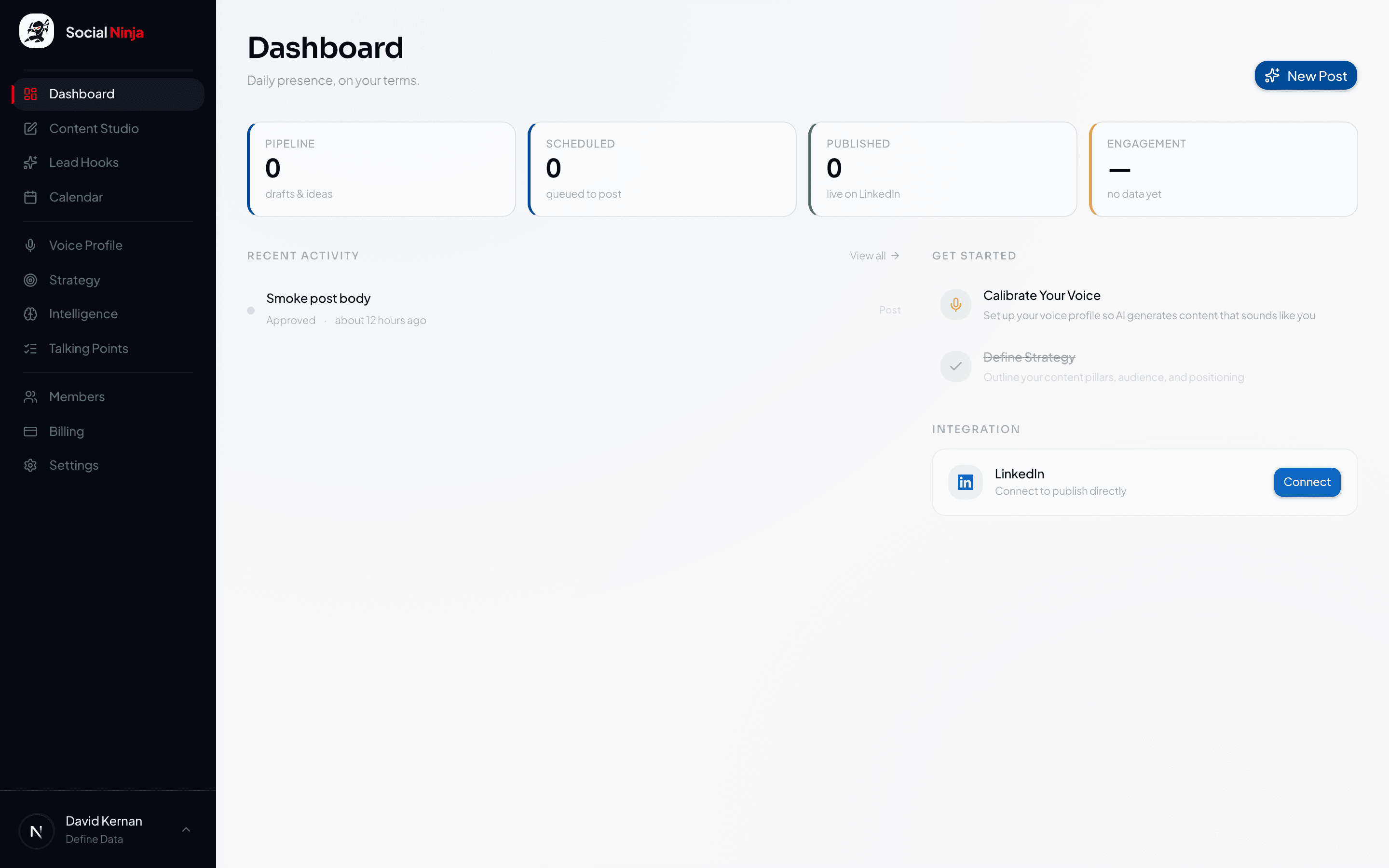 Per-client editorial dashboard with drafts, pillars, and adherence
