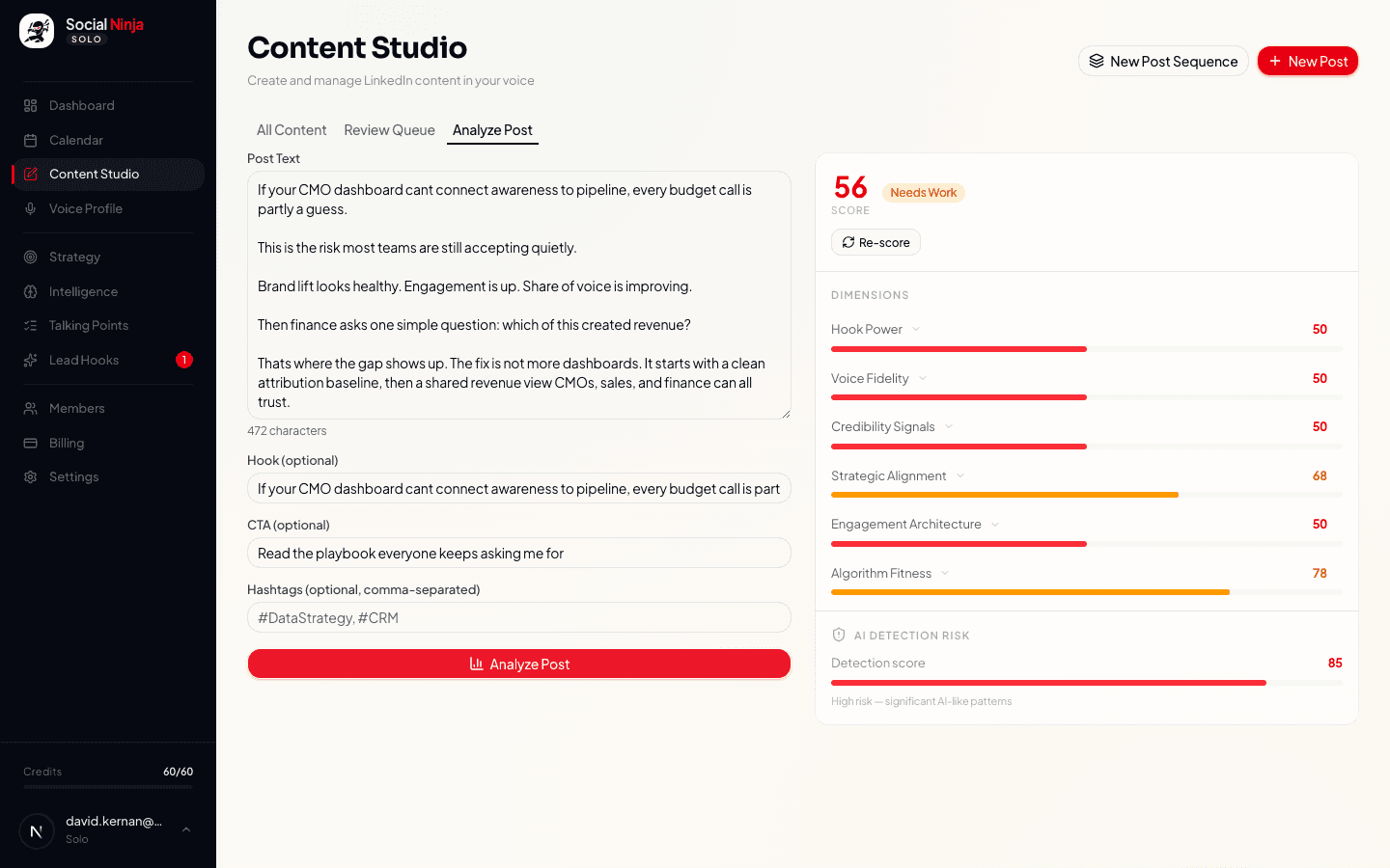 Quality scorecard with hook power, voice fidelity, and AI detection