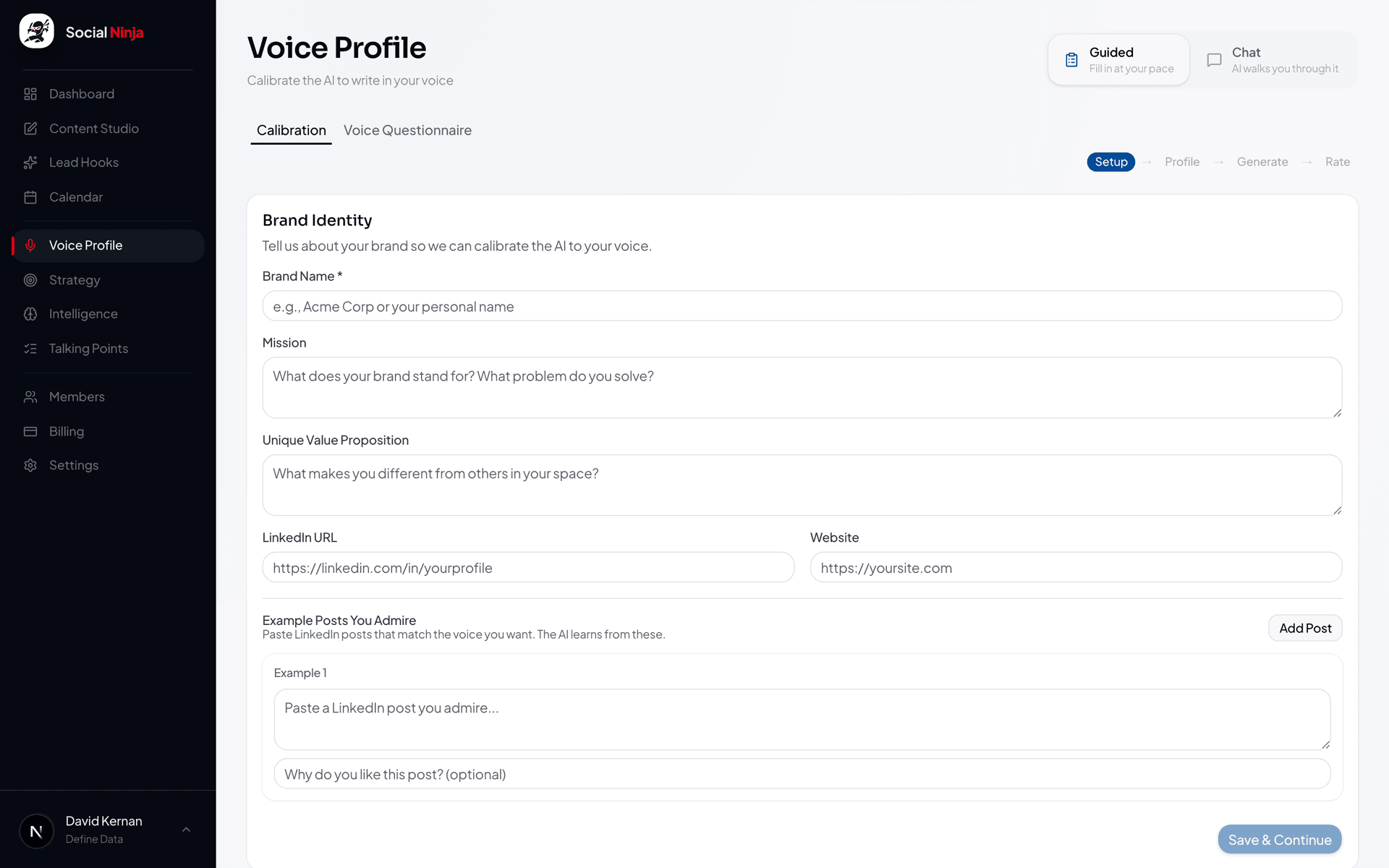 Voice profile settings showing tone, avoids, and style rules
