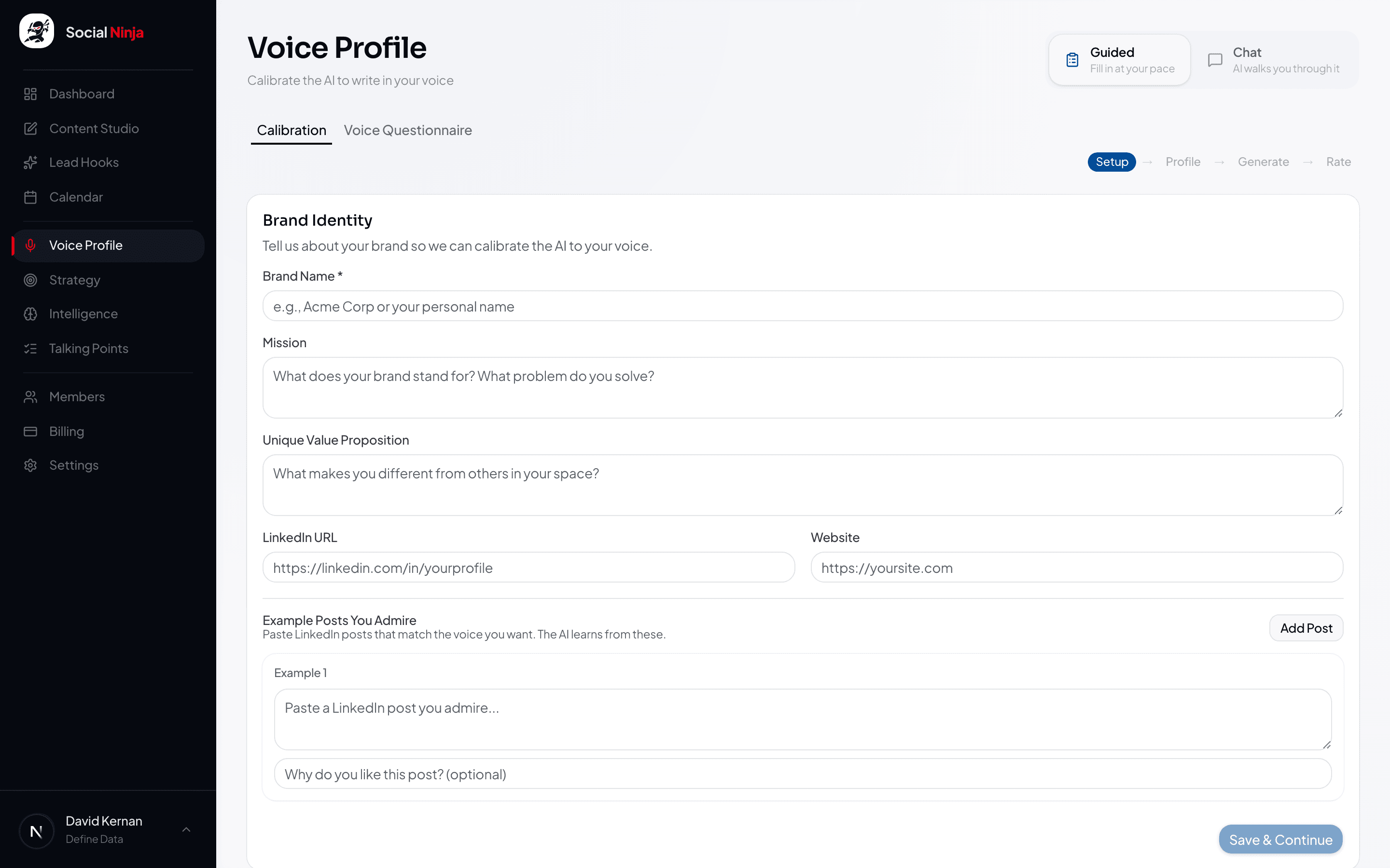 Voice profile calibration screen